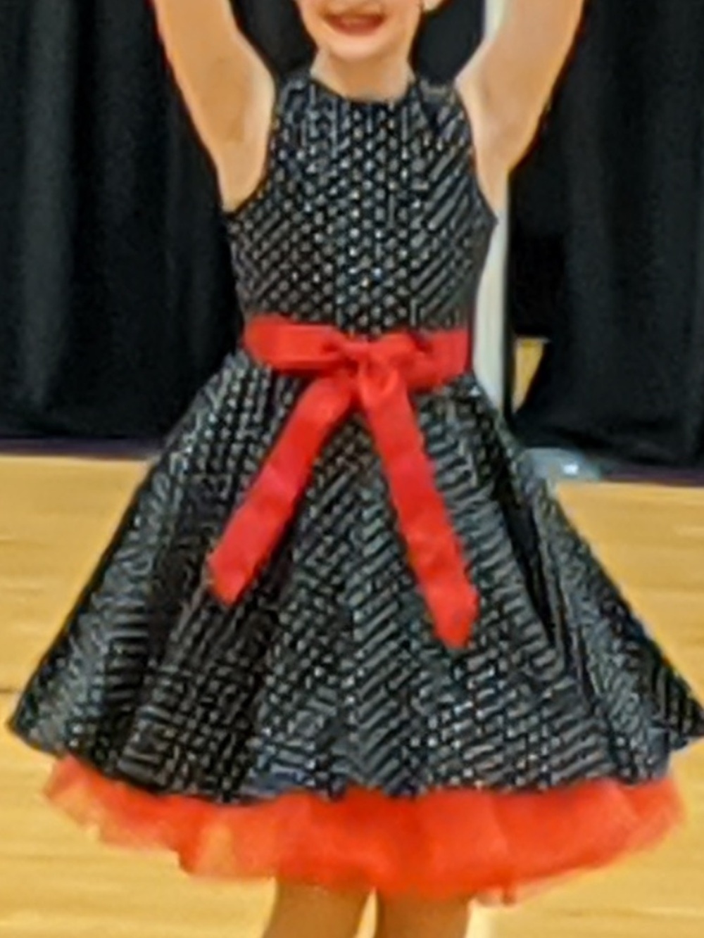 Kate Kasin Girls' Black Polka Dot Dance Dress with Red Tulle Petticoat